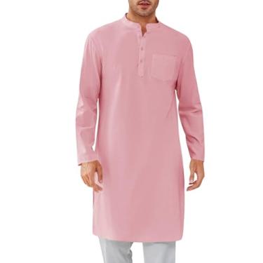 Imagem de Gafeng Roupão masculino Kaftan abotoado manga comprida Henley algodão Thobe casual camisa vestido dividido lateral, rosa, M