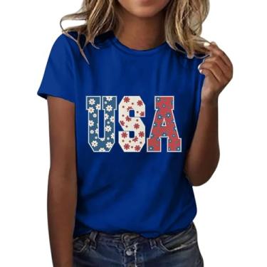 Imagem de Duobla Camisetas femininas de verão 2024 na moda 4 de julho camisetas com estampa de laço de cereja com coração fofo camiseta com letras engraçadas roupas modernas, A-4-azul, XXG