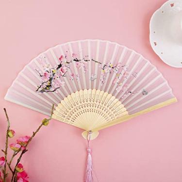 Imagem de YQHWLKJ Ventilador dobrável de seda estilo vintage ventiladores de mão ventiladores de mão arte artesanato menina presente decoração de casa casamento dança ventilador de mão