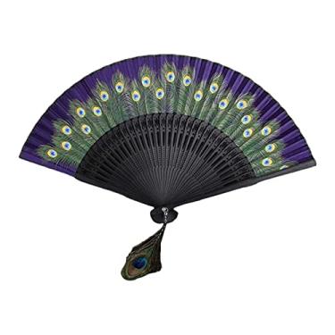 Imagem de YQHWLKJ Ventiladores de mão com estampa de pavão estilo chinês, leque dobrável de seda para dança, festa, presentes de casamento, decoração DIY, decorações de casa