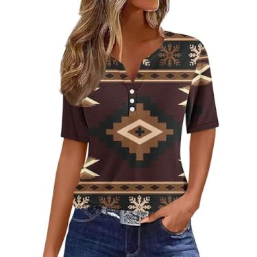 Imagem de MaMiDay Camisetas femininas ocidentais astecas com gola V, estampa geométrica, manga curta, casual, blusas modernas, camisetas soltas com botões, A01#marrom, 3G