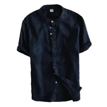 Imagem de Camisetas masculinas de manga curta de verão de linho liso slim estilo fino casual branco sólido roupas masculinas vintage, 3310 Azul marinho, P