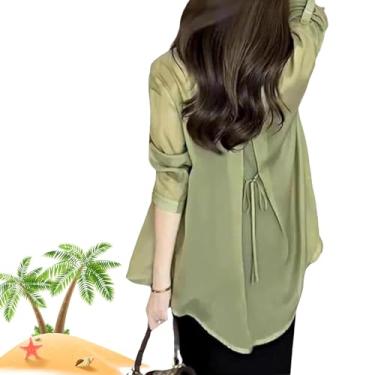 Imagem de Camisa de chiffon com protetor solar de verão, camisa de proteção solar, material de seda, blusa feminina de chiffon com proteção solar de manga comprida, Verde, S (40-47.5kg)