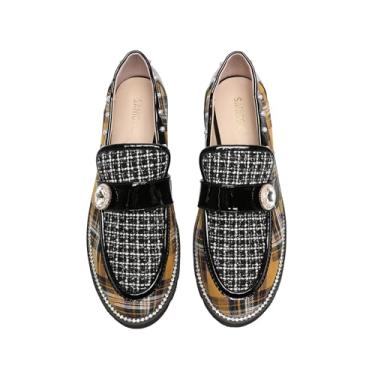 Imagem de Mocassins femininos xadrez com sola tipo penny, pérola na moda, salto baixo, sem cadarço, elegante, sapato confortável de bico redondo, Amarelo, 34