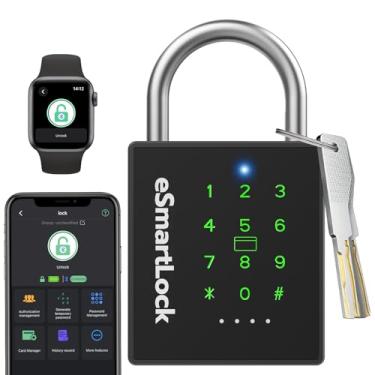 Imagem de Cadeado de combinação com senha eLinkSmart para ambientes externos com chave NFC RFID à prova de intempéries cadeado resistente para armário galpão cerca caminhão suporte código temporário desbloqueio
