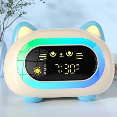 Imagem de Despertadores para quartos, despertador infantil com alarme duplo modo soneca, luz noturna de 10 cores, treinamento do sono, proteção ocular, temporizador de desligamento automático, gato azul,