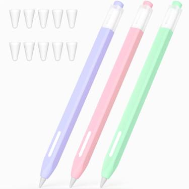 Imagem de JOOSKO Pacote com 3 estojos para Apple Pencil Pro e 2ª geração, design clássico, capa de silicone durável, com 10 capas de ponta de silicone. (roxo, azul claro, rosa)