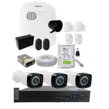 Imagem de Kit Alarme Residencial c/ 4 Sensor Via App E Kit Cftv 3 Câmeras 20m co