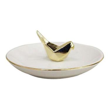 Imagem de Porta Jóia Pequeno Cerâmica Luxo Dourado Pássaro 13cm - Zona Livre