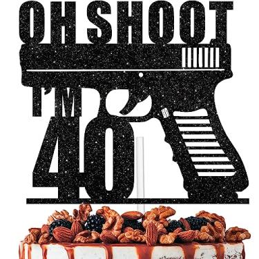 Imagem de Topper de bolo preto com glitter Oh Sh**t 40 para decoração de festa com tema de arma militar engraçado masculino meninos feliz 40º aniversário decoração de bolos suprimentos