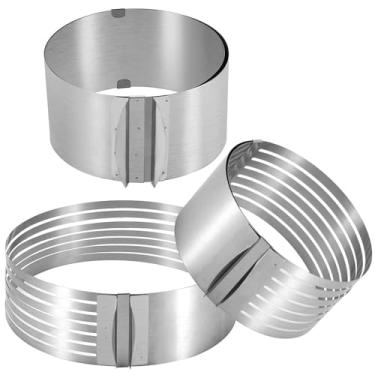 Imagem de KEILEOHO Conjunto de fatiador de bolo em camadas, 2 peças de aço inoxidável ajustável 7 camadas de anel cortador de pão com respeito diâmetro de 15 a 20 cm e 23 cm 8 cm de altura e 1 peça cortador de biscoito ajustável