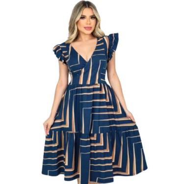 Imagem de Vestido Feminino Midi Decote V Ajuste Na Cintura Saia Godê Malha Visco