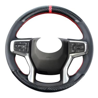 Imagem de Kivnto Capa de volante de fibra de carbono com costura DIY para Chevrolet Chevy Blazer 2019-2022 / Silverado 1500 2019-2021 2500HD 3500HD 2020-2021 / Suburban Tahoe 2021 Acessórios interiores de couro