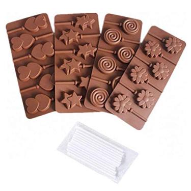 Imagem de Conjunto com 4 moldes de silicone para pirulito – MoldFun Star Heart Spiral Daisy Flower Silicone Lolly Pop Tray para doces duros e chupadores de goma de chocolate