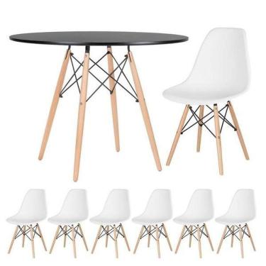 Imagem de Conjunto De Mesa De Jantar Eames Eiffel Redonda 120cm Tampo De Madeira Preto Com 6 Cadeiras Brancas