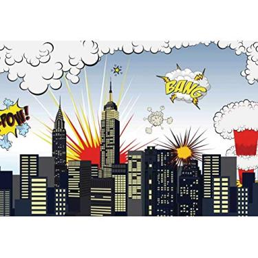 Imagem de Haoyiyi Cenários fotográficos super urbanos de 2,1 x 1,5 m com desenho animado de super-herói explodindo paisagem urbana moderna, suprimentos de festa de aniversário para crianças recém-nascidas,