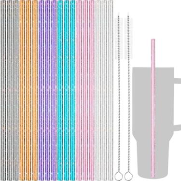 Imagem de NiHome Canudos de 1,134 g, pacote com 18 canudos de substituição de plástico com glitter para copo Stanley de 1,134 g, canudos reutilizáveis de cores sortidas 30,5 cm com 2 pincéis - PET durável, sem