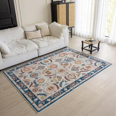 Imagem de KEKUOU Tapete lavável 12 x 18 cm, tapete tribal boho, antiderrapante, repelente de água, para sala de estar, banheiro, quarto (1,8 m x 2,8 m, azul marinho)