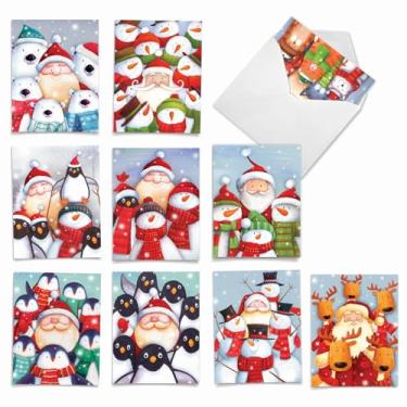 Imagem de 10 cartões sortidos de "selfies de Papai Noel" com envelopes pequenos 10 x 13 cm, cartões de felicitações em branco com ilustrações de Papai Noel, rena, cerveja polar, pinguins - cartões de notas