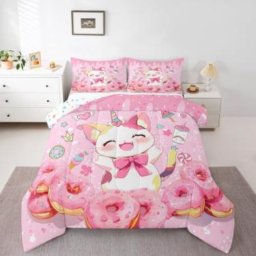 Imagem de Feelyou Conjunto de cama de gato de unicórnio, para meninos e meninas, Queen, para crianças, mulheres, homens, ultramacio, gatinho fofo, rosa, animais de estimação, conjunto de edredom para decoração
