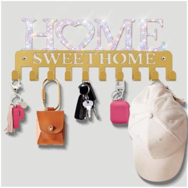 Imagem de GUFONKOD Design Home Suporte de chave de parede brilhante ganchos organizador rack 10 ganchos, decoração de metal vintage Bling Sweet Home 25,4 cm para entrada, porta da frente, cozinha, corredor,