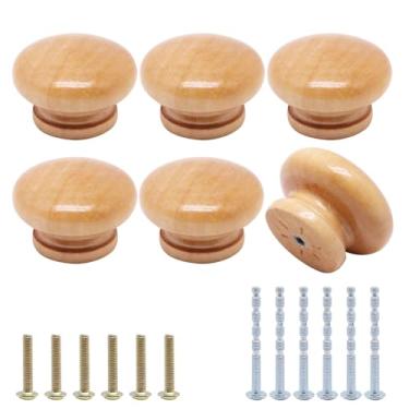 Imagem de YuGtcen 6 maçanetas de armário de madeira, puxadores de cômoda de madeira, maçanetas redondas modernas para móveis armário cômoda gaveta porta de armário (acabamento de madeira natural, 45 mm)