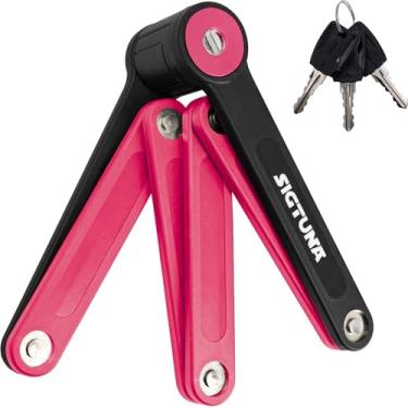 Imagem de SIGTUNA Cadeado dobrável para bicicleta - vermelho rosa, aço endurecido, trava de bicicleta resistente de 8 mm com fácil montagem, trava segura e revestimento antiarranhões - Trava de bicicleta