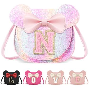 Imagem de izuzta Bolsa infantil para crianças 1 2 3 4 5 6 7 8 anos de idade bonito mouse orelha laço bolsa transversal presente de aniversário, Bolsa grande/brilhante/letra rosa, N, N