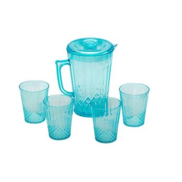 Imagem de Jarra Acrílico De 1 Litro Com 4 Copos Suco Agua Bebida Azul