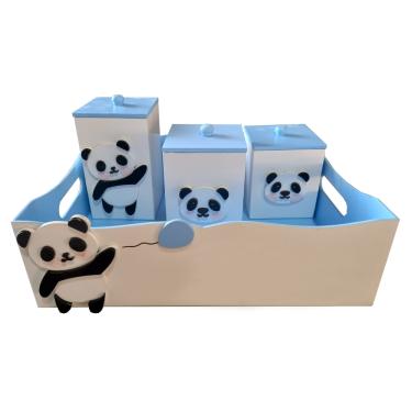 Imagem de Kit Higiene Bebê MDF 4 Peças Cesta Organizadora Panda Azul