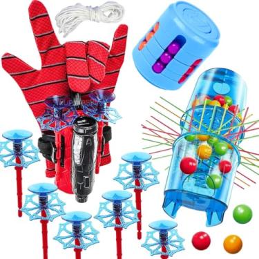 Imagem de Kit Brinquedos Educativos Tira Pega Vareta classico jogos infantis + Luva aranha spider lança teia com linha lançador de dardos cilindro cubo magico anti stress presente menino dia das crianças 5 anos