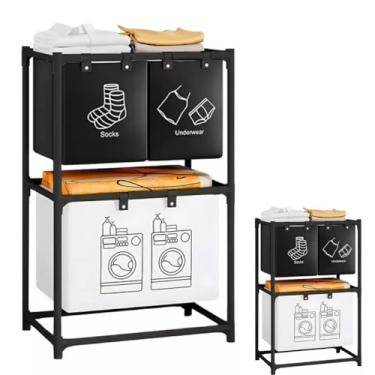 Imagem de Cesto de Roupa Suja Estante Para Lavanderia Banheiro Com Dois Andares 3 Cestos Hastes de Metal Preto