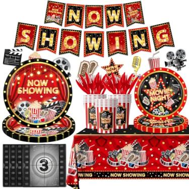 Imagem de Dydamud Artigos para noite de cinema, conjunto de talheres para festa de cinema inclui agora mostrando pratos de papel, guardanapos de ripa de cinema e copo de Hollywood para decoração de festa de cinema, lembrancinhas de aniversário de estrela de cinema