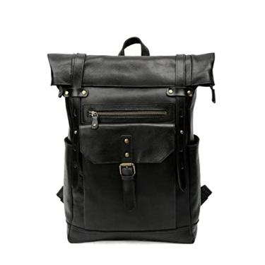 Imagem de Mochila masculina de couro de vaca 15-17 polegadas Bolsa para laptop de grande capacidade Mochila de viagem para homens Bolsas de couro retrô(Black)