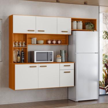 Imagem de Cozinha Compacta Suspensa Manu 6 Portas 1 Gaveta e Nichos Freijó UV/Off Acetinado Poliman