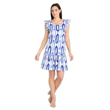 Imagem de R&M Richards Vestido de comprimento até o joelho com estampa oval diurna com detalhes de babados, Azul/branco, 58