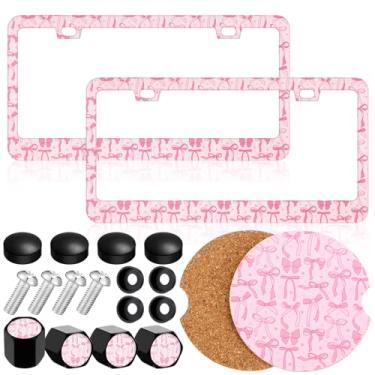 Imagem de Honeydak 2 peças de moldura de placa de licença com laço rosa Coquete, 4 peças de tampas de haste de válvula, 2 peças de porta-copos de carro de cortiça, placa de carro para caminhão, SUV, acessório