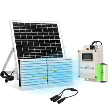 Imagem de SUNYIMA Ventilador solar com bateria, kit de ventilador alimentado por painel solar de 20 W com exaustores duplos à prova d'água e cabo de interruptor de 3 m para galinheiros, galpões, casas de
