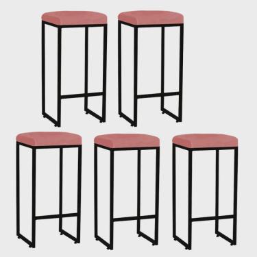 Imagem de Kit 05 Banqueta Alta Lara Para Cozinha Bar Balcão Bistrô Churrasqueira Ferro Preto Suede Rose Gold - Ahz Móveis