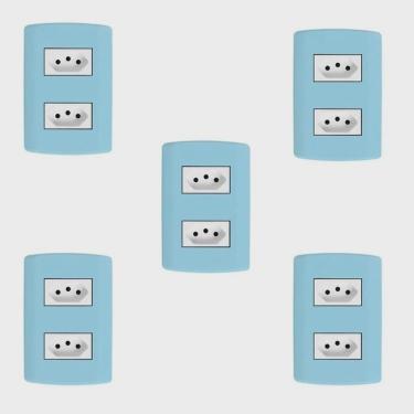 Imagem de Cinco Conjuntos com 2 Tomadas 2p + t 20A 250v, Modular, com Placa 4x2 e Suporte Azul e Branco