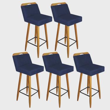 Imagem de Kit 05 Banqueta Alta Encosto Lith Para Cozinha Bar Balcão Bistrô Pé Palito Castanho Suede Azul Marinho - Ahz Móveis