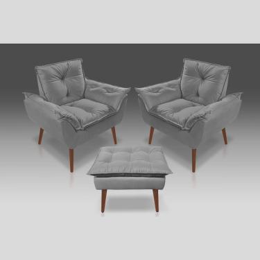 Imagem de Kit 02 Poltrona Opala Com Fibra Siliconada + 01 Puff Opala Suede Cinza Claro -Pandora Decor