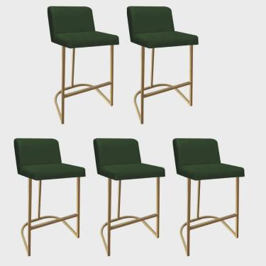 Imagem de Kit 05 Banquetas Com Encosto Noah Luxo Confort Bistrô Cozinha Ferro Dourado Suede Verde - Ahz Móveis