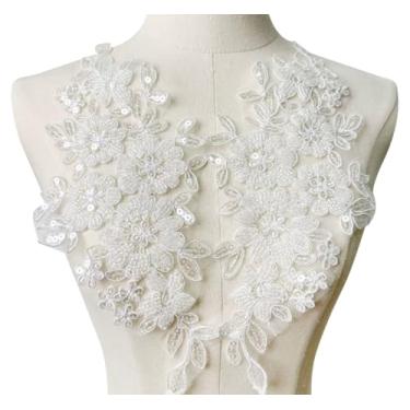 Imagem de MAHAVIMOKSA 2 apliques de renda com bordado de flores de 33 x 15 cm com lantejoulas com contas para costura faça você mesmo, roupas de casamento e decoração