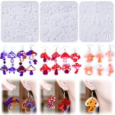 Imagem de Rifanda Brincos de resina com furo, 3 peças de molde de brincos em forma de cogumelo com 20 pares de ganchos e pregos, moldes de silicone para joias de resina epóxi para fazer joias com pingente DIY