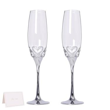 Imagem de Conjunto de 2 taças de champanhe de luxo - copo de cristal elegante sem chumbo de 227 g com base de liga de zinco em forma de coração acentuada em cristal com design de cisne, para casamentos, festas