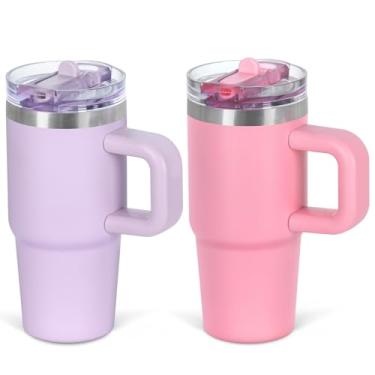 Imagem de Cosictic Copo de canudo flip de 400 ml com alça para crianças, copo isolado de parede dupla de aço inoxidável para crianças com tampa flip top, copos à prova de vazamento de 400 ml para crianças, roxo