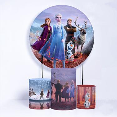 Imagem de Kit Painel de Festa Redondo de 1,80m e Trio de Cilindros Frozen- Fera Print