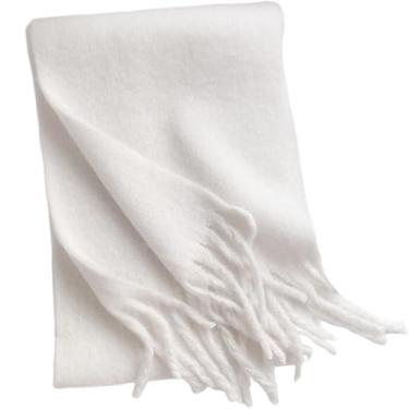 Imagem de Cachecol branco 38 x 231 cm, grande, macio, para mulheres, cachecóis quentes e espessos com borla, cachecóis elegantes e fofos, cobertor clássico para mulheres e meninas, clima frio, cachecol de
