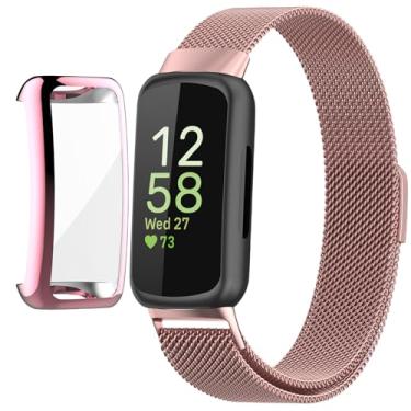 Imagem de QIEMUTER Compatível com pulseiras Fitbit Inspire 3 com capa, fecho magnético de alça trançada de metal, malha de aço inoxidável, capa amortecedora de TPU macio para homens e mulheres (rosa)
